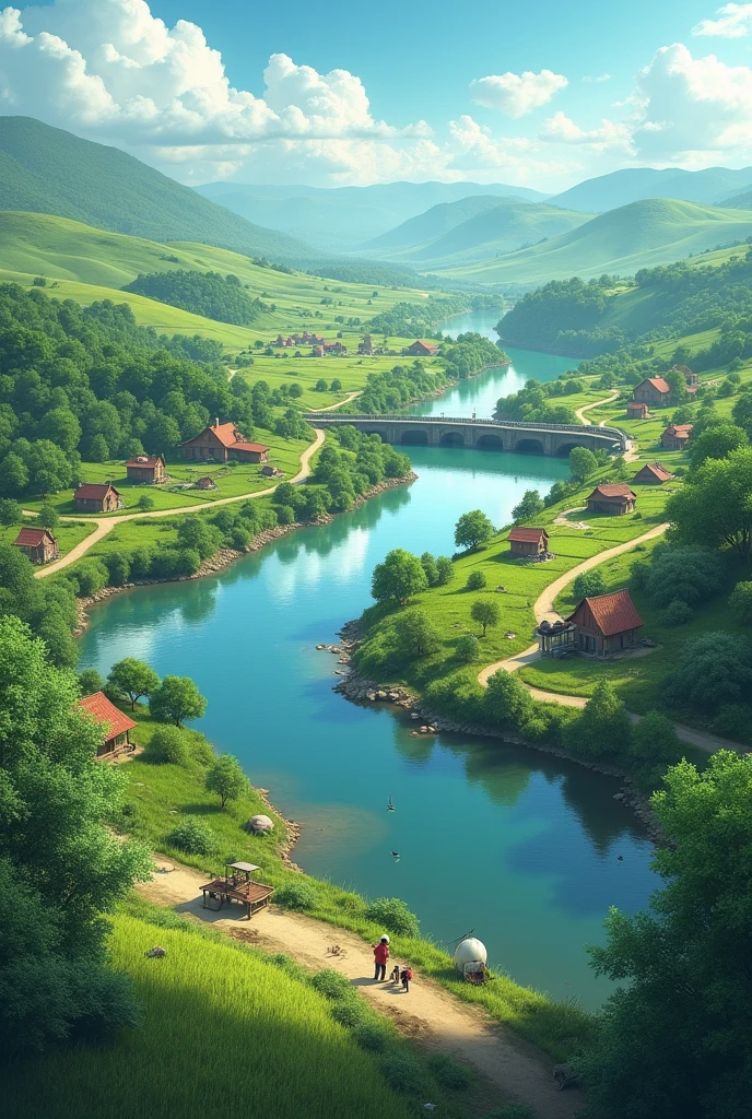a river from helicopter view , from upstare , some tiny people and their houses , living happily , farming , a barage middle of the river , the front side of the barage gets dry out