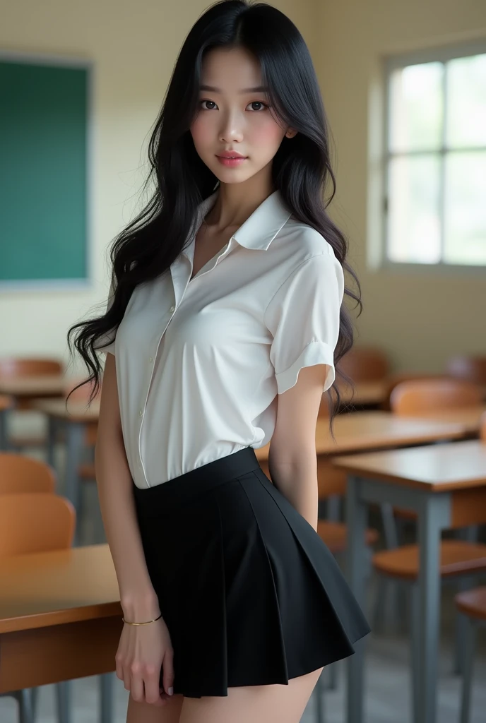 Beautiful Thai model woman with smooth skin, detailed beautiful eyes and face, black hair, (beautiful no bra, G shape), wearing a Thai student uniform, a white short-sleeved shirt, a black short skirt, a slim fit, standing and posing in a classroom. The background is a classroom, student desks and chairs. The most realistic picture,high quality, 8k, Ultra detailed, hdr, human only,
highest quality, masterpiece, High resolution, 