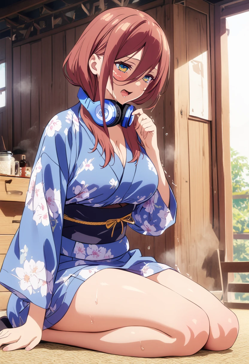 (Highest quality, 4K, 8k, High resolution, masterpiece:1.2), Very detailed, Picturesque, Animated Photography, Photo Animation:1.37)、Japanese ******girl、(Brown Hair)、(Medium Long Hair)、Floral Yukata、Blue headphones around his neck、Black choker、storehouse、Ecstasy face、Sweat、Are crying、vapor、trembling、Full body photography、Nakano Miku
