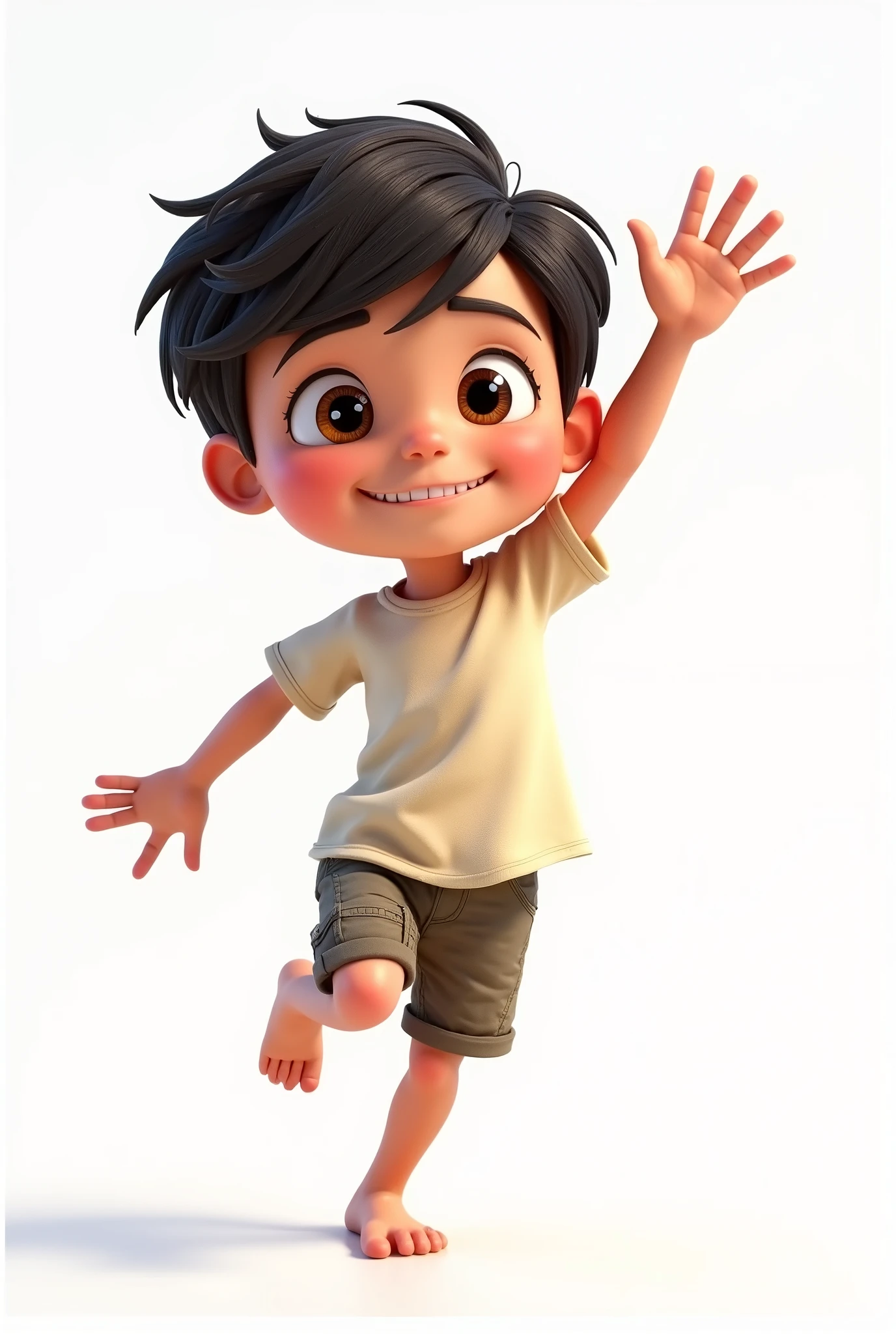 create several images with a white background 7 year old boy, Bblack hair, eyes browns, shorts and t-shirt, skin fair, Estilo pixar cartoon 3d, explorer, various facial expressions, without glasses, without a backpack.
