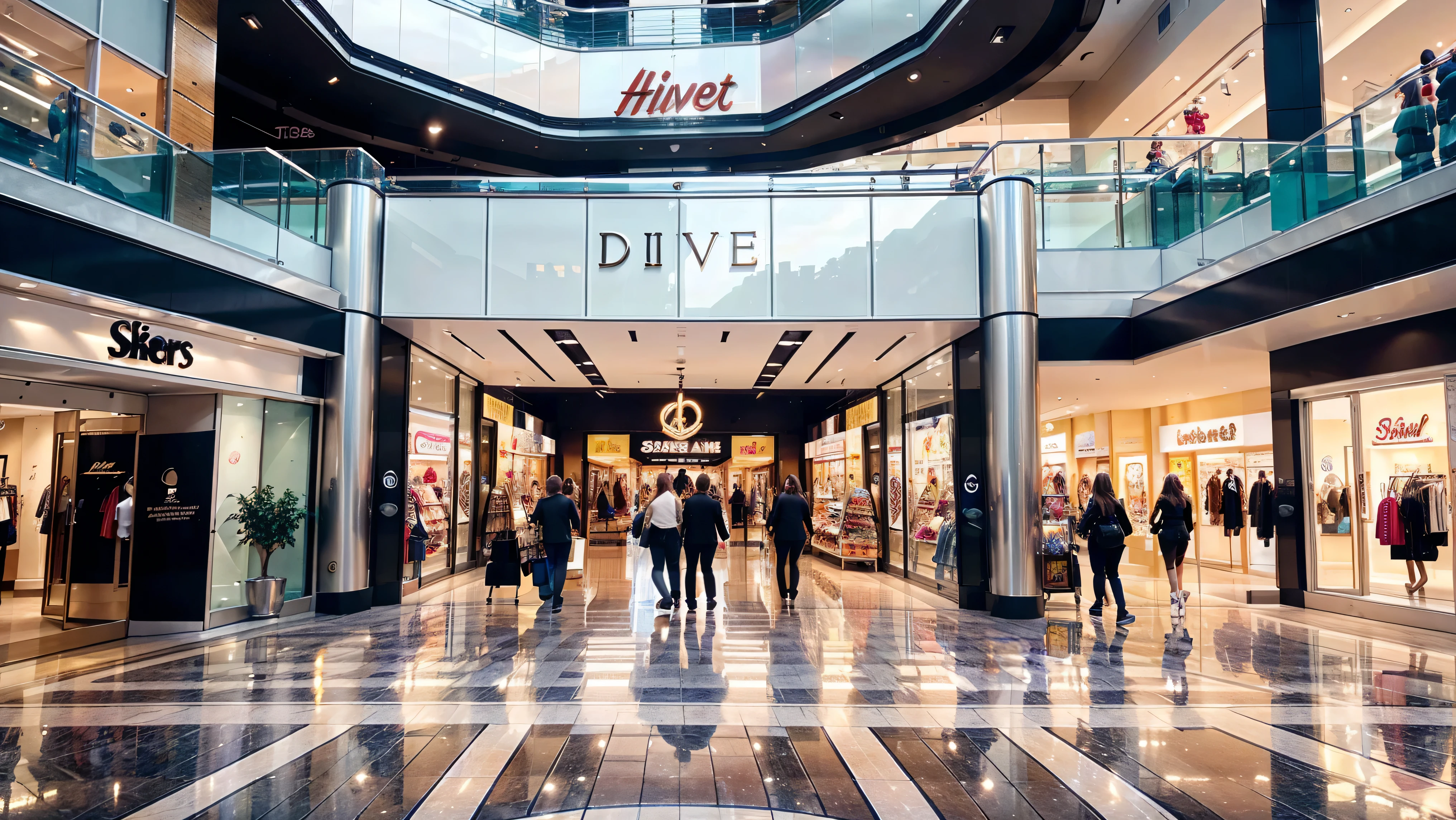 shopping mall background, a shopping mall interior, detailed architecture, people shopping, retail stores, high-end brands, (ultra-high definition, hyper-realistic, highly detailed, high-quality image, sharp focus, professional lighting, vivid colors and intricate details),