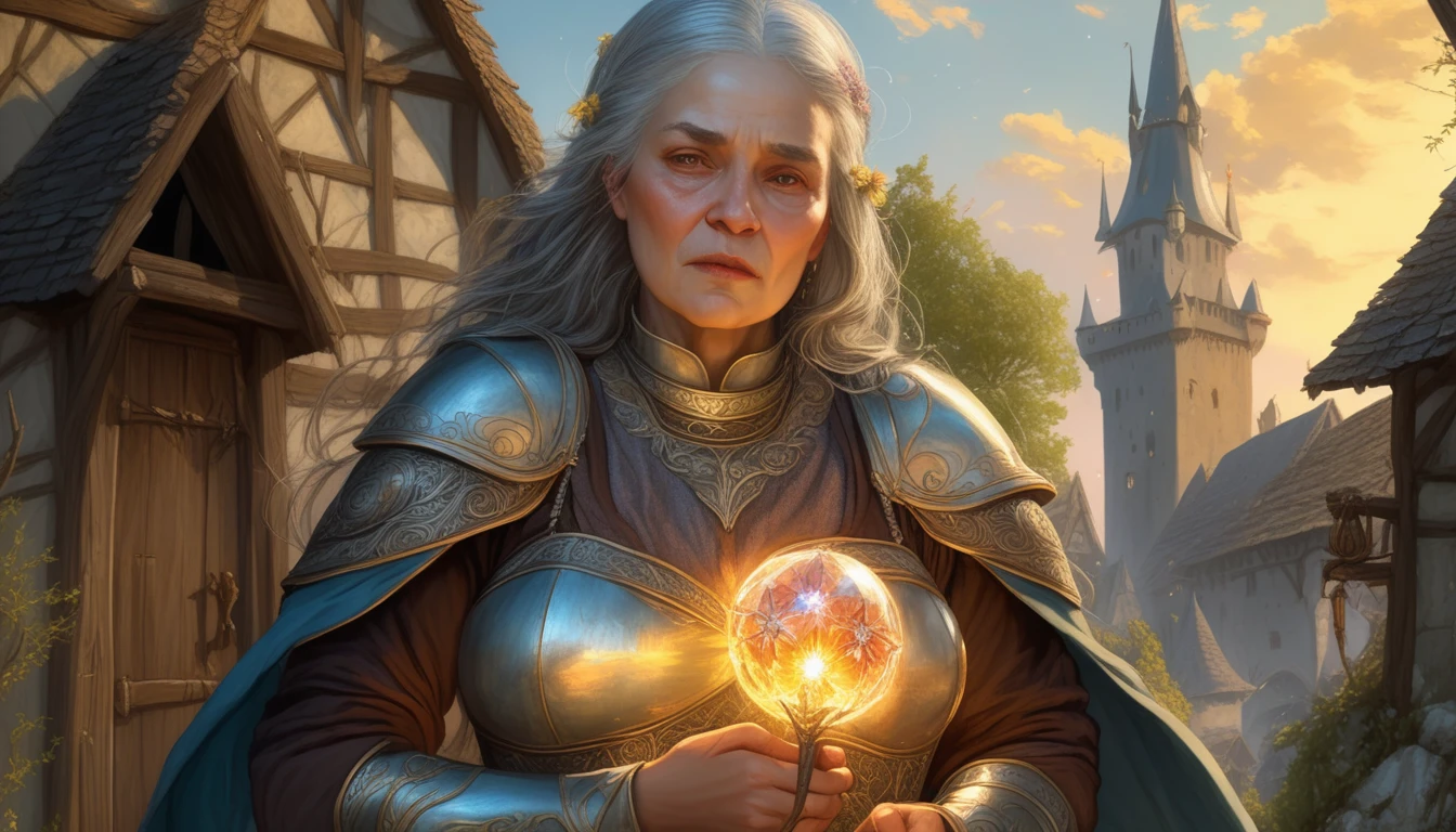 Highly detailed, UHD, 32k, medieval fantasy, Art Style of Rebecca Guay, digital painting, an elderly matron human female chubby villager, with some grey hair, wrinkled face, clad in silver armor and helmet, holding a magical staff. At the top of the staff there is a magical crystal that emits flames. She is at a medieval city. Her face expression is one of evil and stupidity.