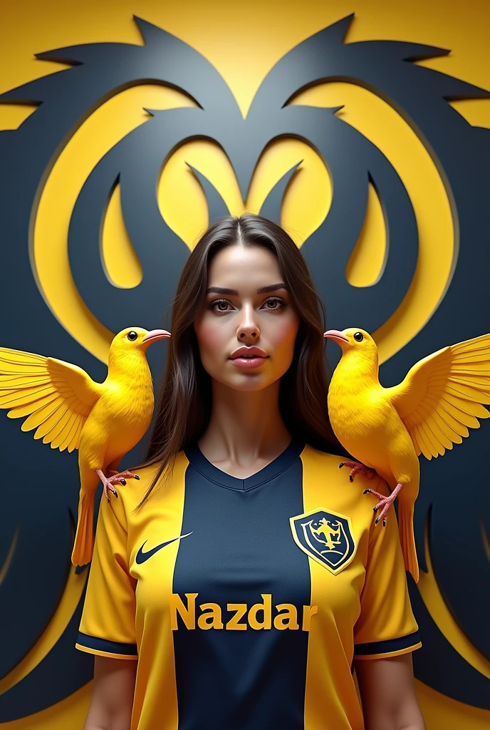 Live 3D Fenerbahce logo in the background, Live 3D Canary figure on the sides, A Beautiful Woman in the Front, NAZDAR text on the yellow-dark blue Fenerbahce jersey