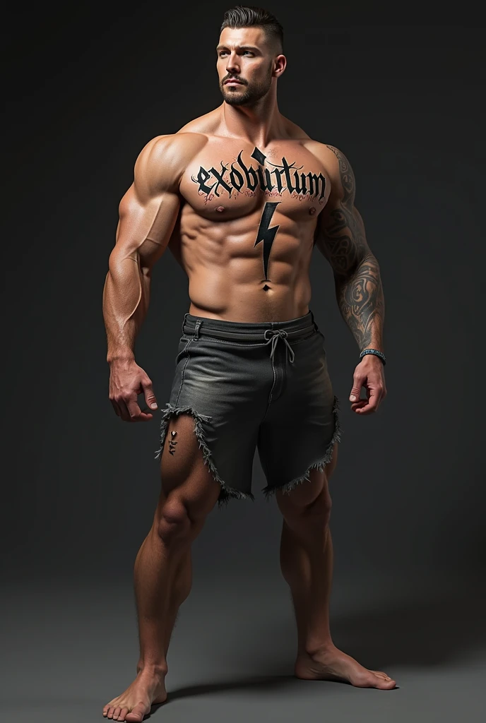 Male tattoo in the middle of the shin with the word exoburtum written in Gothic letters