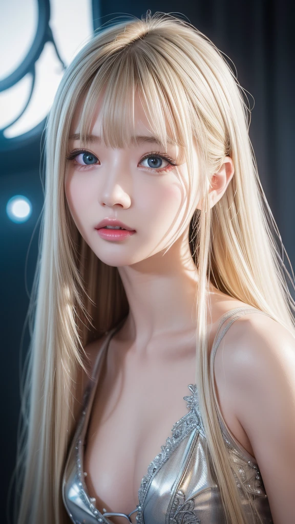 Highest quality、8kの傑作、Ultra-high resolution、(Realistic:1.3)、RAW Photos、Beautiful Scandinavian angel with shiny blonde hair、Silvery blonde hair、Super long straight hair、Bangs between the eyes、Hair above the eyes、片Hair above the eyes、Hair between the eyes、White and glowing skin、1. Cyberpunk Super Beautiful Angel、((Ultra-Realistic Details))、Portraiture、Global Illumination、Shadow Realm、Octane Rendering、8k、Ultra Sharp、Small breasts、Metal、Cool colors、、Very intricate details、Realistic Light、Trends of the CG Association、so beautiful, Big Wings、Angel Halo、Eyes shining at the camera、Neon Details、Small Face Beauty、Round face、Cheek highlight