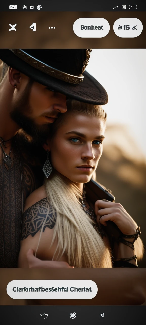 A blonde Viking warrior with a beard, shaved hair on the sides, tribal tattoos, a tribal necklace, blue eyes, a muscular young man, bonitas, heroic, Realistic, Charismatic, lot of details, Fantasy Medieval Realism Theme, Cinematic lighting, super detaill