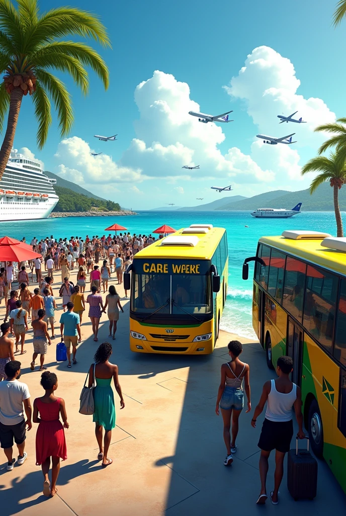 An image with Jamaican flags and coach busses picking up tourist from a ship dock with a little bit of people walking in the background with planes landing and people boarding the coach bus