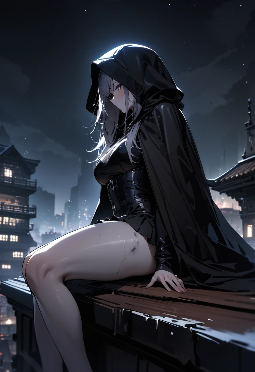 uhd, textured skin, high quality, high details, masterpiece, best quality, 1girl, grim Reaper, Black tattered cloak, mini skirt, big disaster々sickle, Sitting on top of a building, Moonlit Night, Cat Familiars