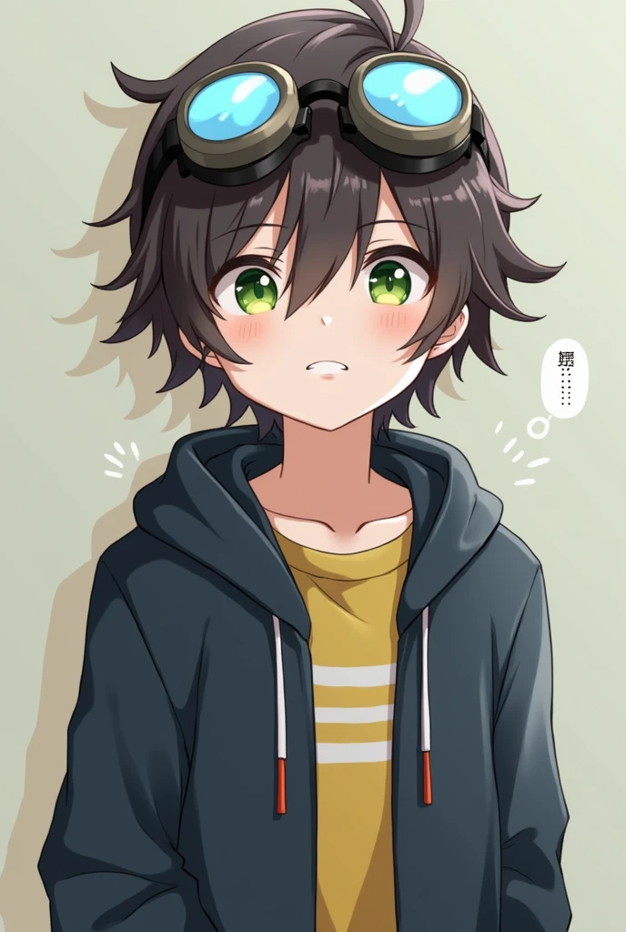 small、solo,Goggles hanging from his neck、juvenile、Looking at me、anime