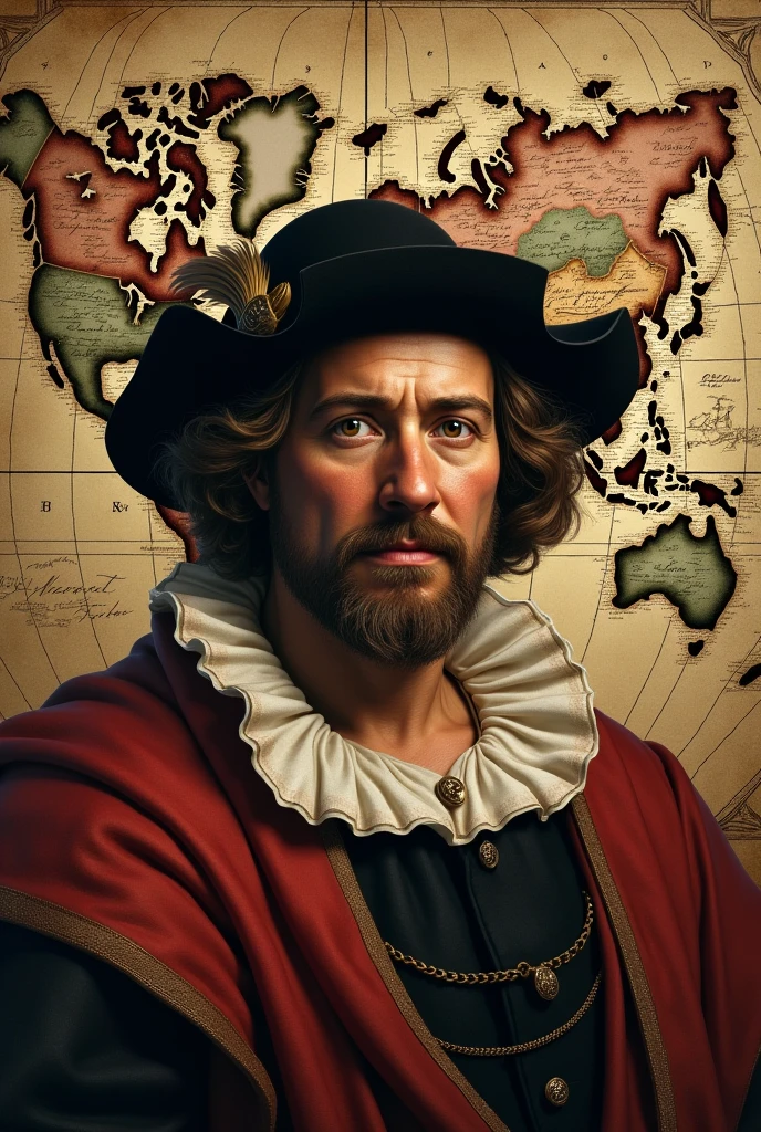 Christopher Columbus with realistic upside down map
