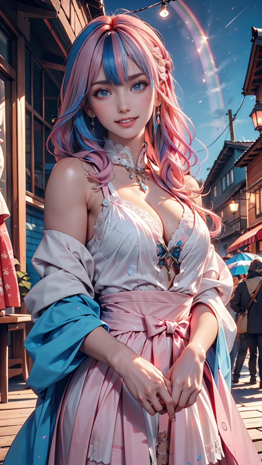 (masterpiece), (((Highest quality)), (Very detailed), 1 person, (Rainbow Hair, Colorful Hair, Half Blue、Half pink hair: 1.2), , (yukina: 1.2), Outdoor, bangs, smile, Sky blue eyes, Perfect hands, Perfect hands, Hand Detail, Modified fingers. Earrings, Night Store + background, Looking_in_Audience, Cowboy Shot, Highest quality, Rich details, Perfect image quality,