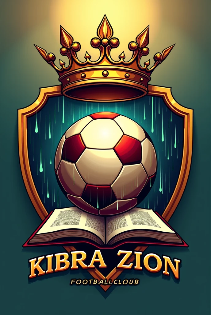 Kindly can you come up with a nice football club logo and feel free to add beautiful models. Kindly include a king's crown 👑, rain water 🌧️,a football ⚽ and a Bible. Kindly don't include the face of a person. The name of the football club is Kibra Zion Club