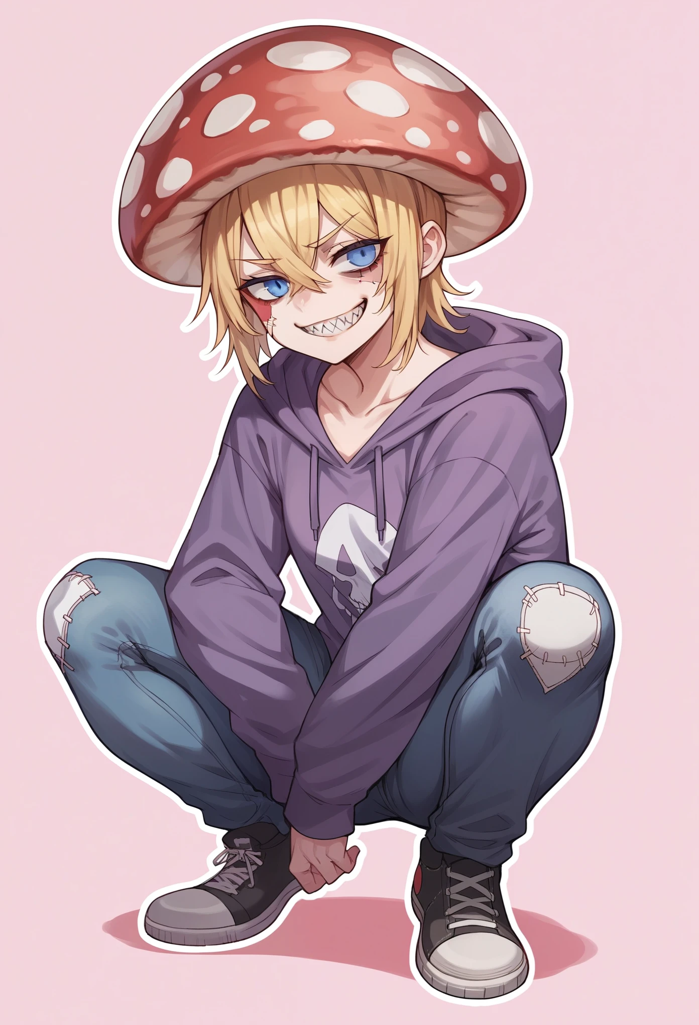 1 girl, solo,pink background, blonde hair, crossed bangs, blue eyes, tired, anime artstyle, white outline, large red mushroom on head, mushroom girl, purple hoodie, hand in pockest,sharp teeth,smirk, slight grin,patchwork stitching background,squatting,destressed jeans