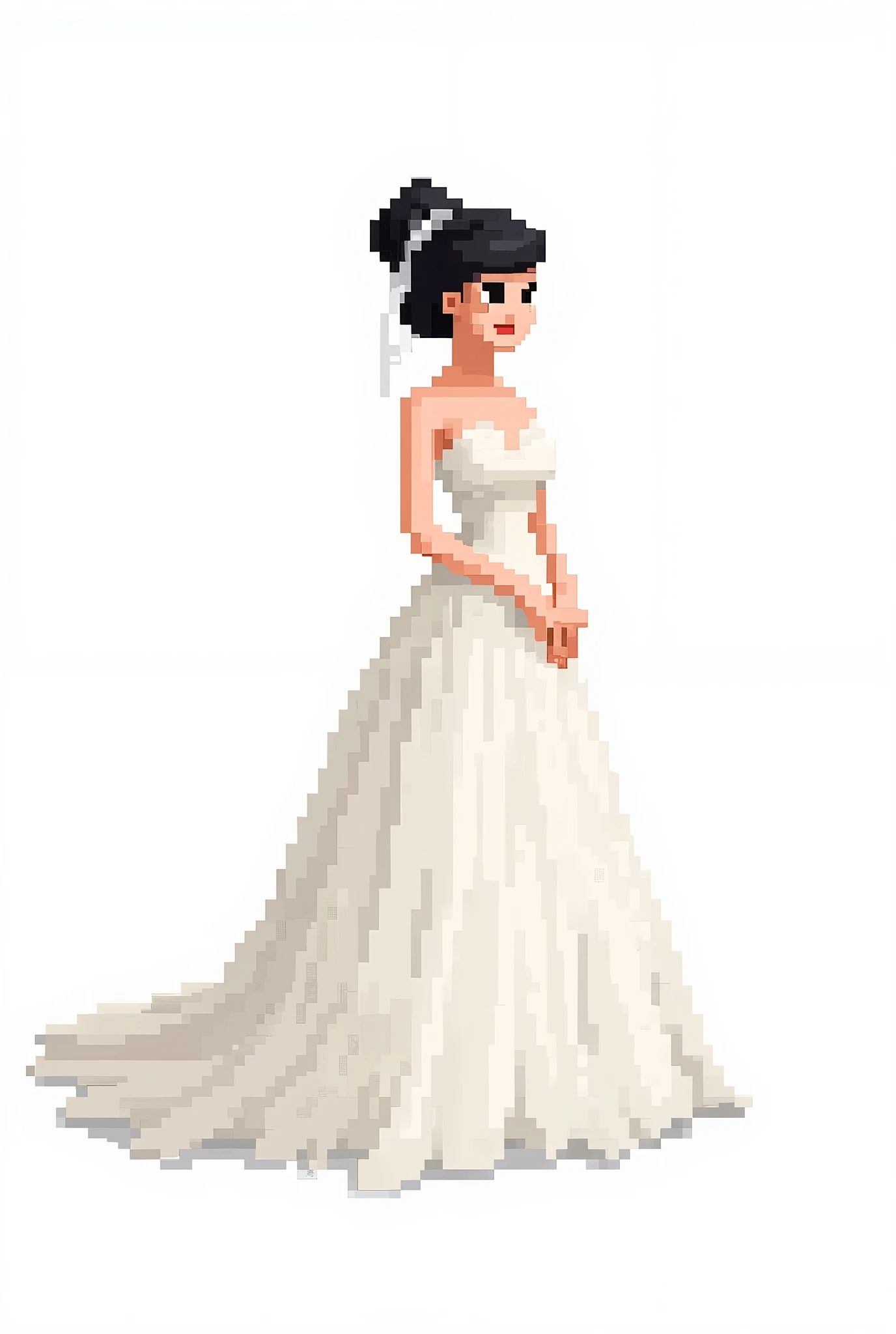 Pixel art illustration of a woman wearing a wedding dress。Background is white。Hairstyle: Black hair in an updo。whole body。Rough large dots