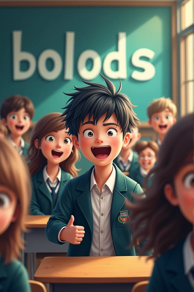 BOLODS is written in big letters on the back wall, class - 8 is written in small letters, Danmondi Govt. Boys High School They are all very happy