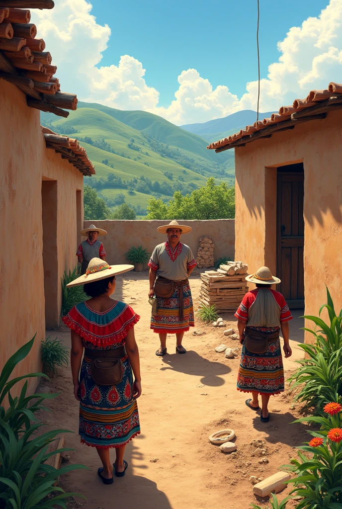 House being built by people from Oaxaca, all wearing tool belts and traditional clothing from the state of Oaxaca