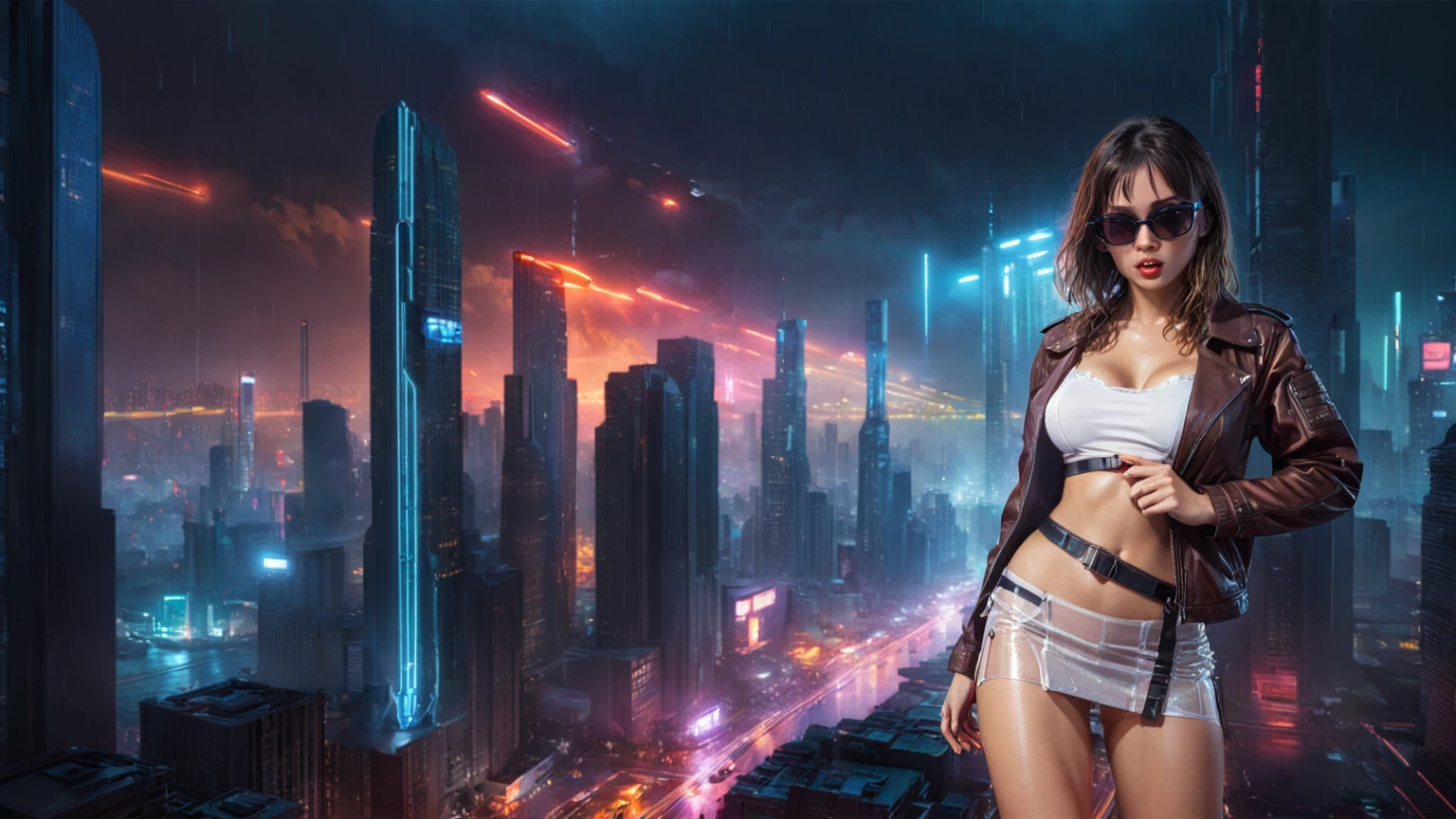 (aerial view), Blade Runner style futuristic city, flying cars, neon lights, rainy night. (1girl, solo, alone), large-breast:1.2 slim body, slim face, cleavage:1.1, sexy laced lingerie, very low angle view miniskirt, jacket, (black sunglasses), (holding a short gun), running pose, half-body thigh level medium shot, cinematic lighting, ray tracing.