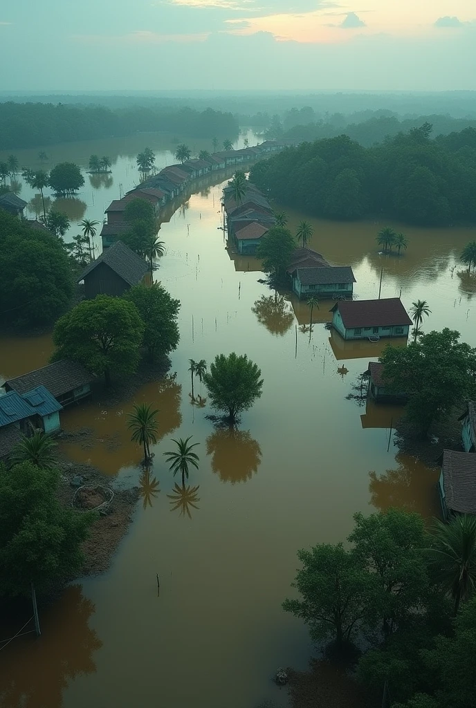Villages drowning in floods in the evening drone view