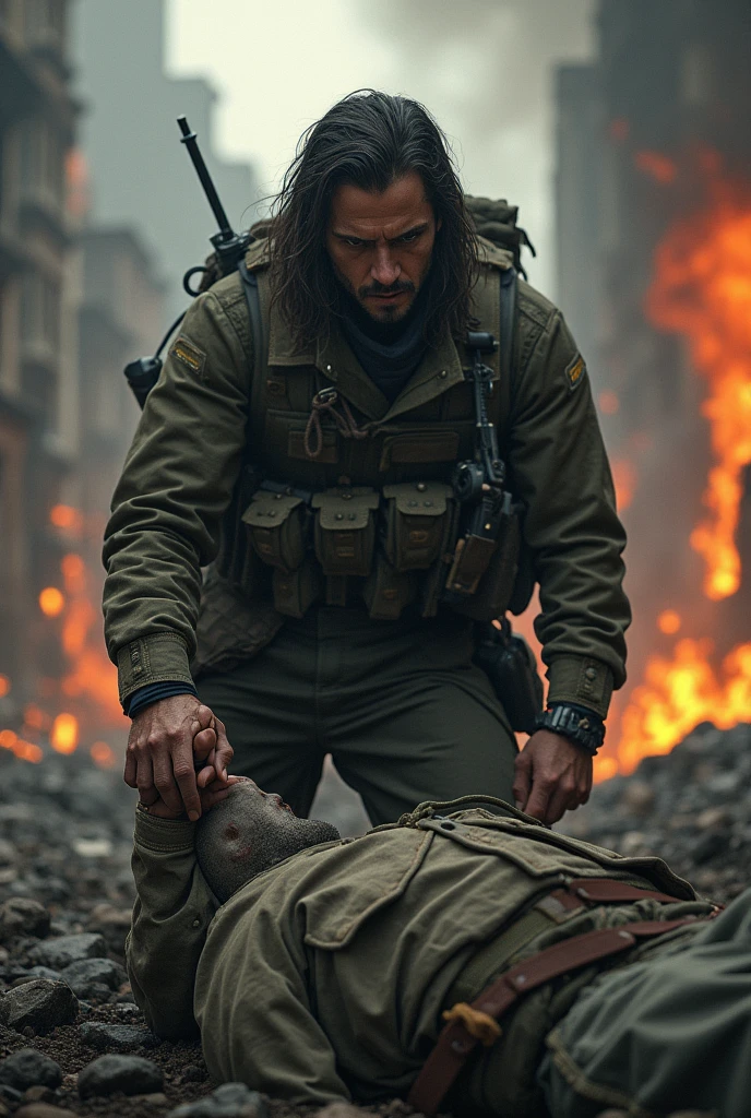 Elite Soldier, natta, burning and destroyed city in the background. Tragic death of a soldier holding his friend’s hand