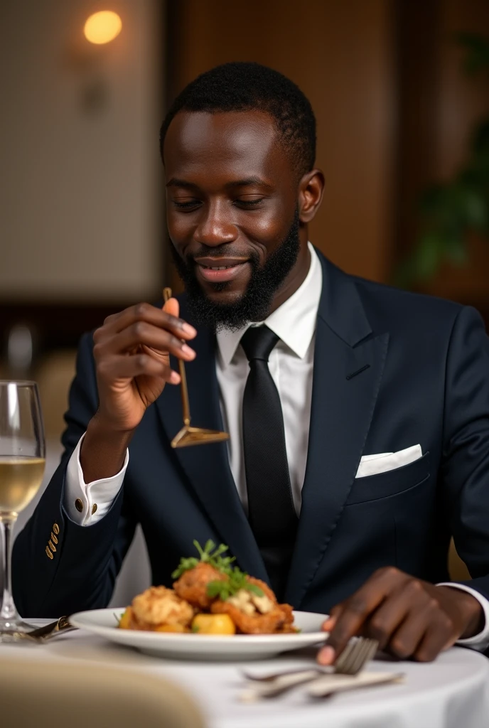 A black man in a suit eating food