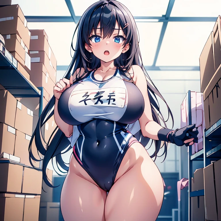 Anime Kawaii sexy Perfect Slim sensual body large breast and huge thighs, An intricate and highly detailed illustration of anime (Young girl) One with black hair, blue eyed high school girl in track uniform resembling a white sports bra and black panties, wide-eyed in surprise and screaming in the warehouse, hypdertailed, blushful