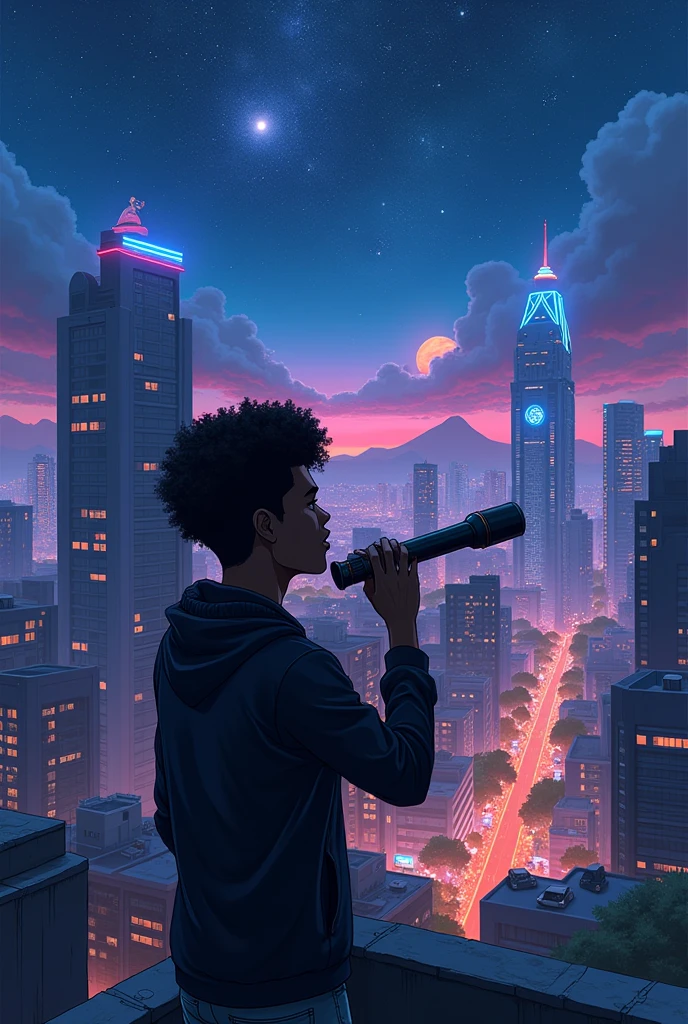 Create an anime-style artwork depicting a young black Brazilian man with curly hair, wearing a black jacket, standing on the roof of his house in a (futuristic favela) in Rio de Janeiro. The cityscape behind him is filled with tall buildings, neon lights, and advanced technology, giving the setting a vibrant, futuristic feel. The boy is focused on observing the night sky through a telescope, with a feeling of wonder and curiosity. The stars and planets above shine brightly, adding a touch of magic to the scene."