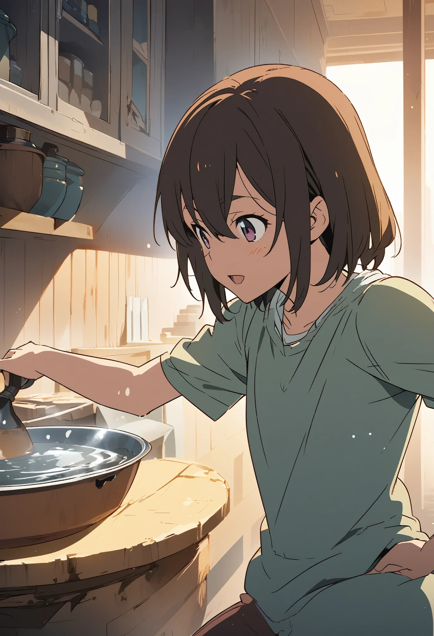 An anime illustration of a person&#39;s upper body peeking out from the right edge of the screen、Chibi Character、Look at your audience and wave
