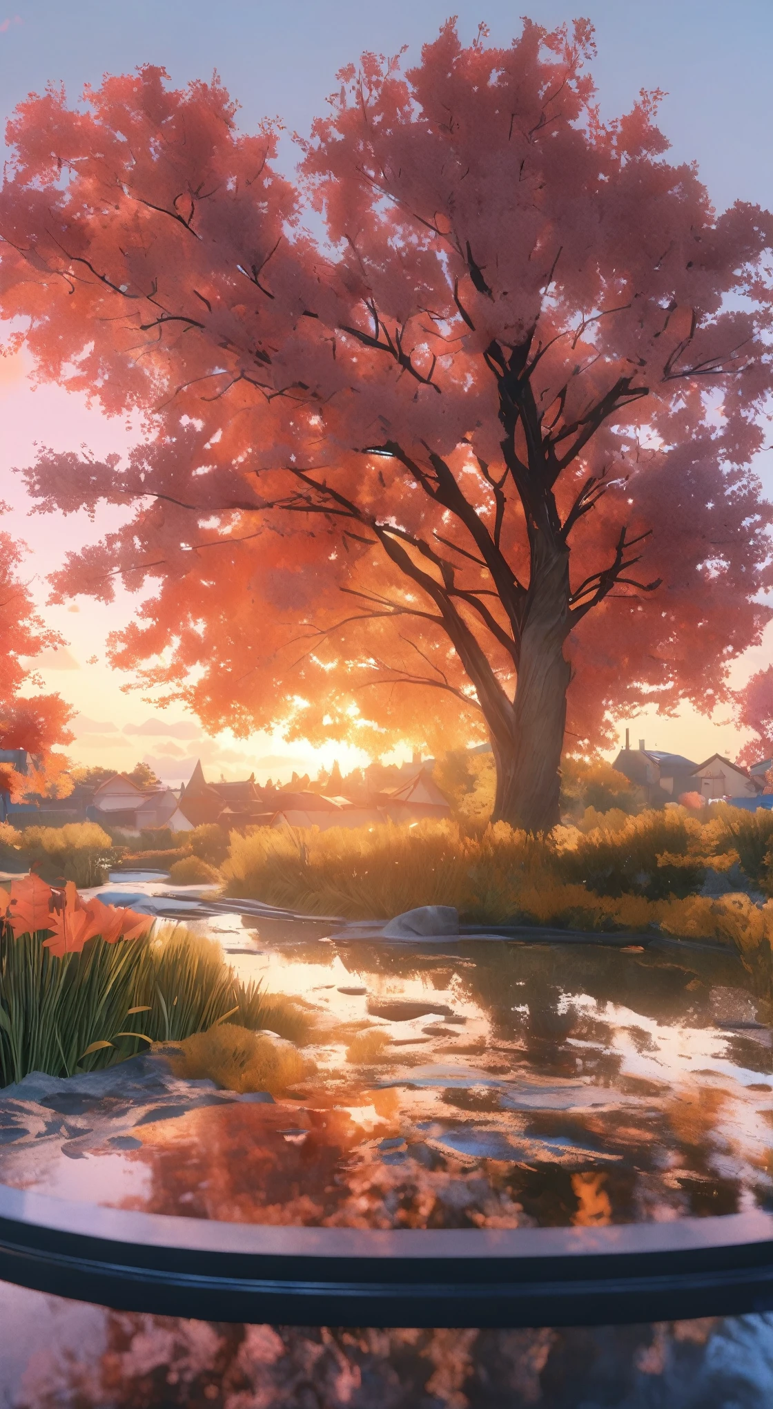 DIY16,best quality, Ultra HD, masterpieces, 8K, Practical, Anime style, 3D Rendering,(Pond in the evening:1.2), (8K, best quality, masterpiece:1.2), (Ultra-high resolution:1.0), Extremely bright design, Soft colors, (ink:1.3), Autumn Lights, High Detail, dramatic, photoPractical painting art