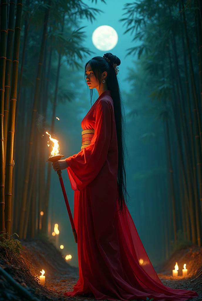 Bamboo Forest/, ((masterpiece, highest quality, Highest image quality, High resolution, photorealistic, Raw photo, 8K, Extremely detailed CG unified 8k wallpaper)), (huge stunning goddess shot, very hot and sexy, jaw-dropping beauty, perfect proportions, beautiful body, slim body beauty:1.4), Bamboo grove at night, woman lit by torchlight, wearing red kimono, full moon floating in background, silence of night, mysterious atmosphere, seen from below,