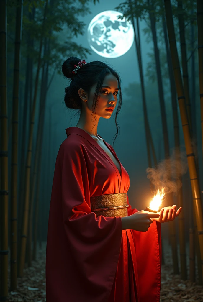 Bamboo Forest/, ((masterpiece, highest quality, Highest image quality, High resolution, photorealistic, Raw photo, 8K, Extremely detailed CG unified 8k wallpaper)), (huge stunning goddess shot, very hot and sexy, jaw-dropping beauty, perfect proportions, beautiful body, slim body beauty:1.4), Bamboo grove at night, woman lit by torchlight, wearing red kimono, full moon floating in background, silence of night, mysterious atmosphere, seen from below,