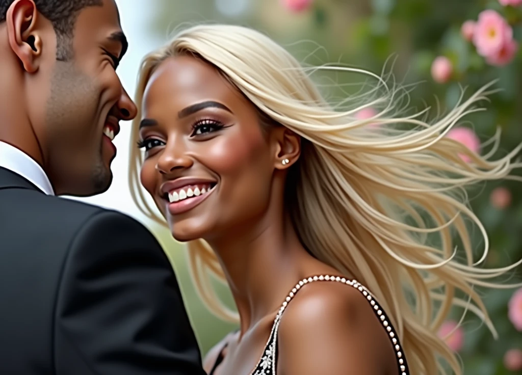 Black bride, with straight blond hair. They are happy and smiling at their wedding.