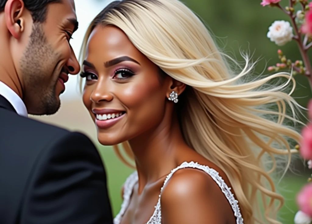 Black bride, with straight blond hair. They are happy and smiling at their wedding.