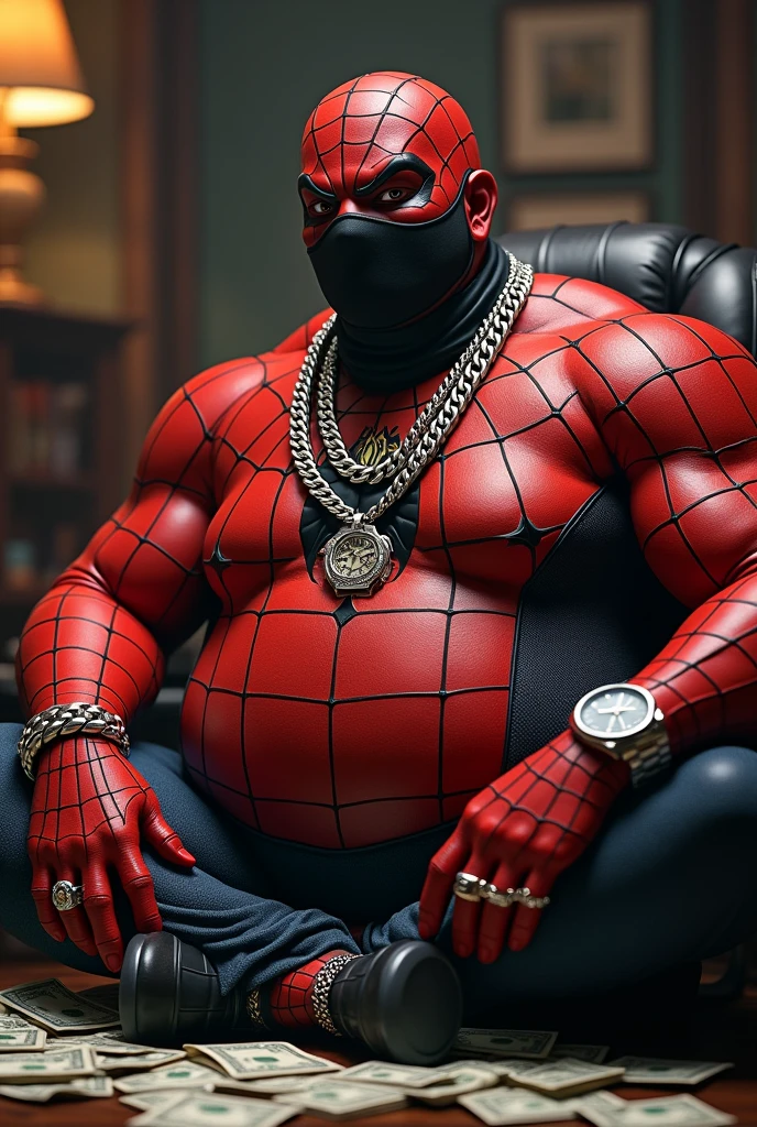 Fat belly spider-man black mask with a silver necklace on his neck and a lot of money next to him and a rolex watch in his hand and a ring in his hand with rap style in the studio