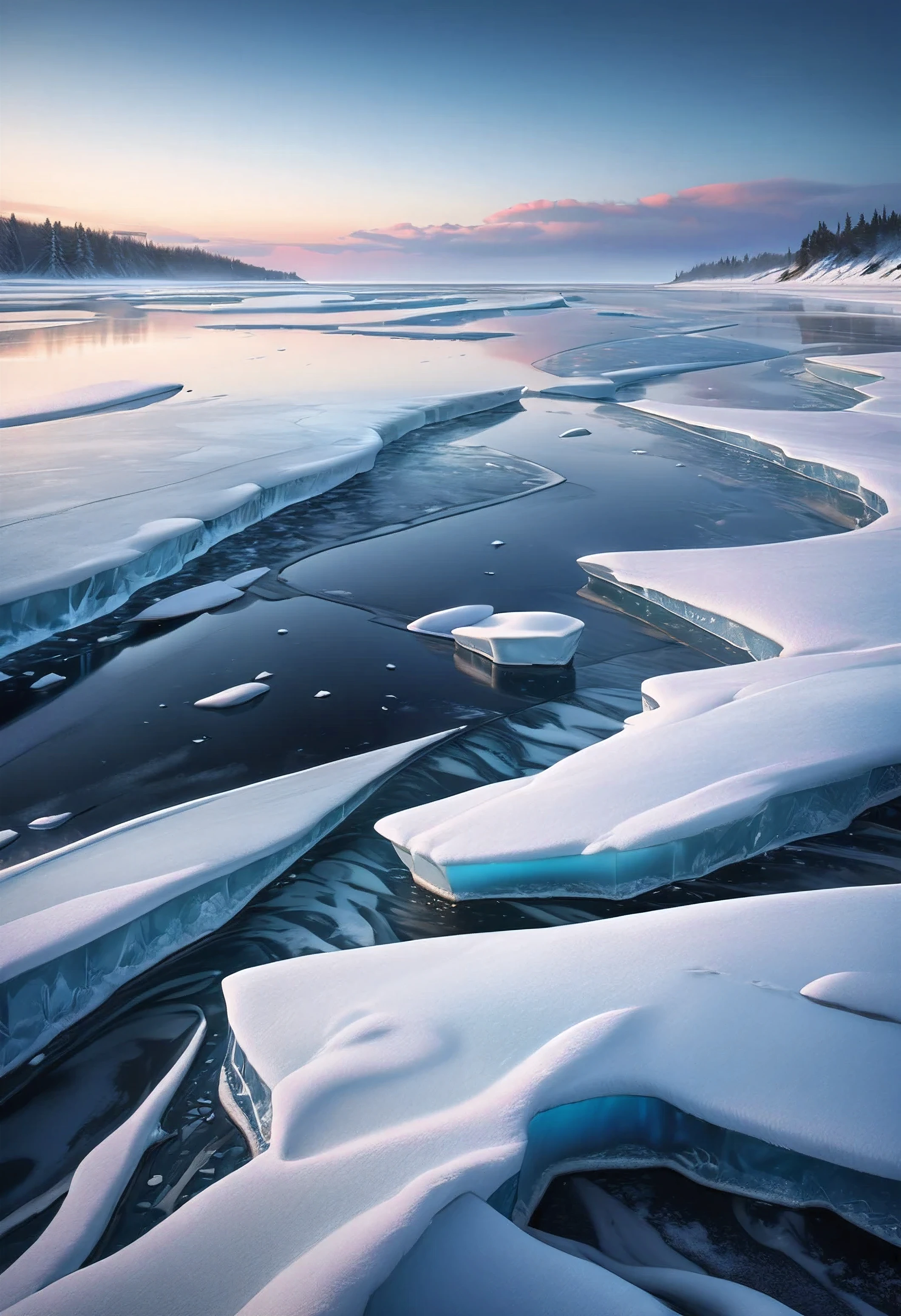 Ultra-realism. In this mesmerizing image,
a vast, frozen shoreline, gazing out at the endless icy ocean under
a incredible winter sky, detailed.
The scene is serene but lonely and sad,
cold landscape. The image, possibly a photograph,
showcases exquisite attention to detail,
with the delicate colors blending harmoniously
to create a truly stunning and high-quality visual masterpiece.