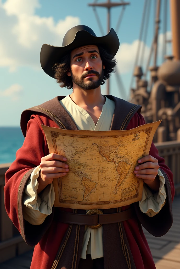 Christopher Columbus with upside down map realistic confused