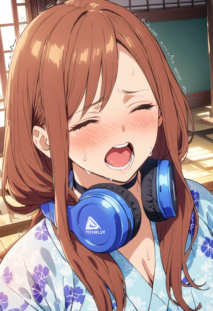 (Highest quality, 4K, 8k, High resolution, masterpiece:1.2), Very detailed, Picturesque, Animated Photography, Photo Animation:1.37)、Japanese girl、(Brown Hair)、(Medium Long Hair)、Floral Yukata、Blue headphones around his neck、Black choker、storehouse、Ecstasy face、Sweat、Are crying、vapor、trembling、Nakano Miku
