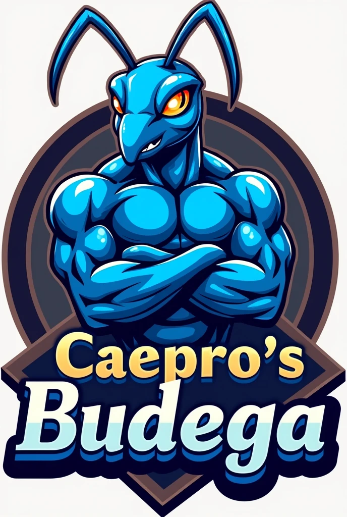 An eye-catching logo in predominantly blue tones, representing the &#39;CAEPRO&#39;s Budega&#39;. The art will be focused on a small shop at the Academic Center of Production Engineering, with a font that might look like High School USA Serif Font. The mascot, a blue ant with 4 arms, gym-honed humanoid body, will be portrayed with arms crossed. In the little shop, sweets will be sold, lollipops, Chips, among other items.