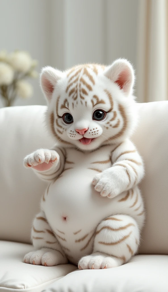 A chubby, pure white and cute little tiger baby, Very fat,Push the eyes, Cute and cuddly,Fluffy, Delicate and exquisite, Real little tiger,The expression is very cute and sticking out tongue is very cute,Cute and lovable,Leaning upright on the sofa,A pregnant belly with a lot of furry patterns,The pattern on the belly is the same as the body,My belly is very big.,The pattern on the belly is the same as the body,Strike a sexy pose,Pure white high-end bathroom background,