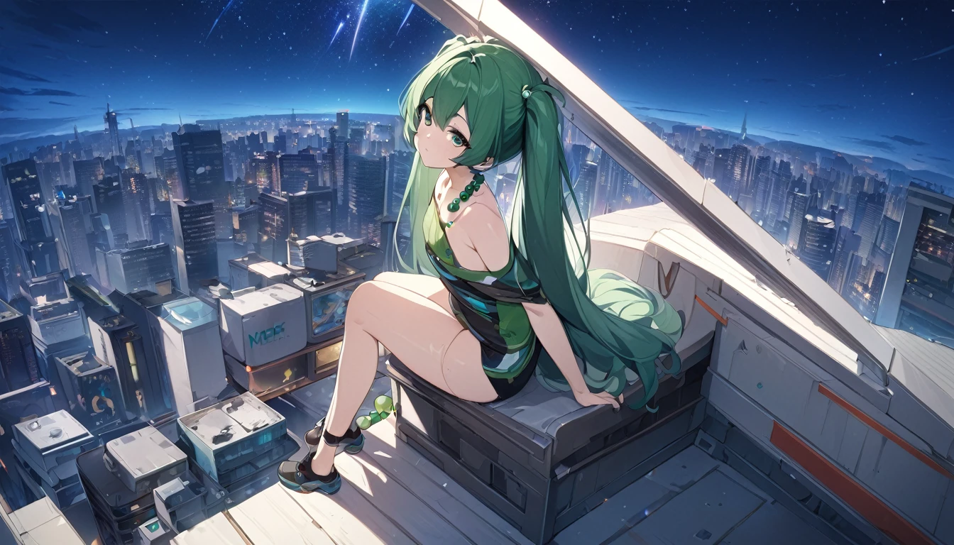 masterpiece，high resolution，Anime Art，Anime Numbers， 4k anime wallpaper，Soft Light，Radiant Skin，Looking at the camera，Solitary，1 anime girl，Sitting sideways on the roof of the house，Green twin ponytails，Green beads，There are two red lines on the belly，(Green eyes: 1.3)，leg，Modern City，Starry Sky