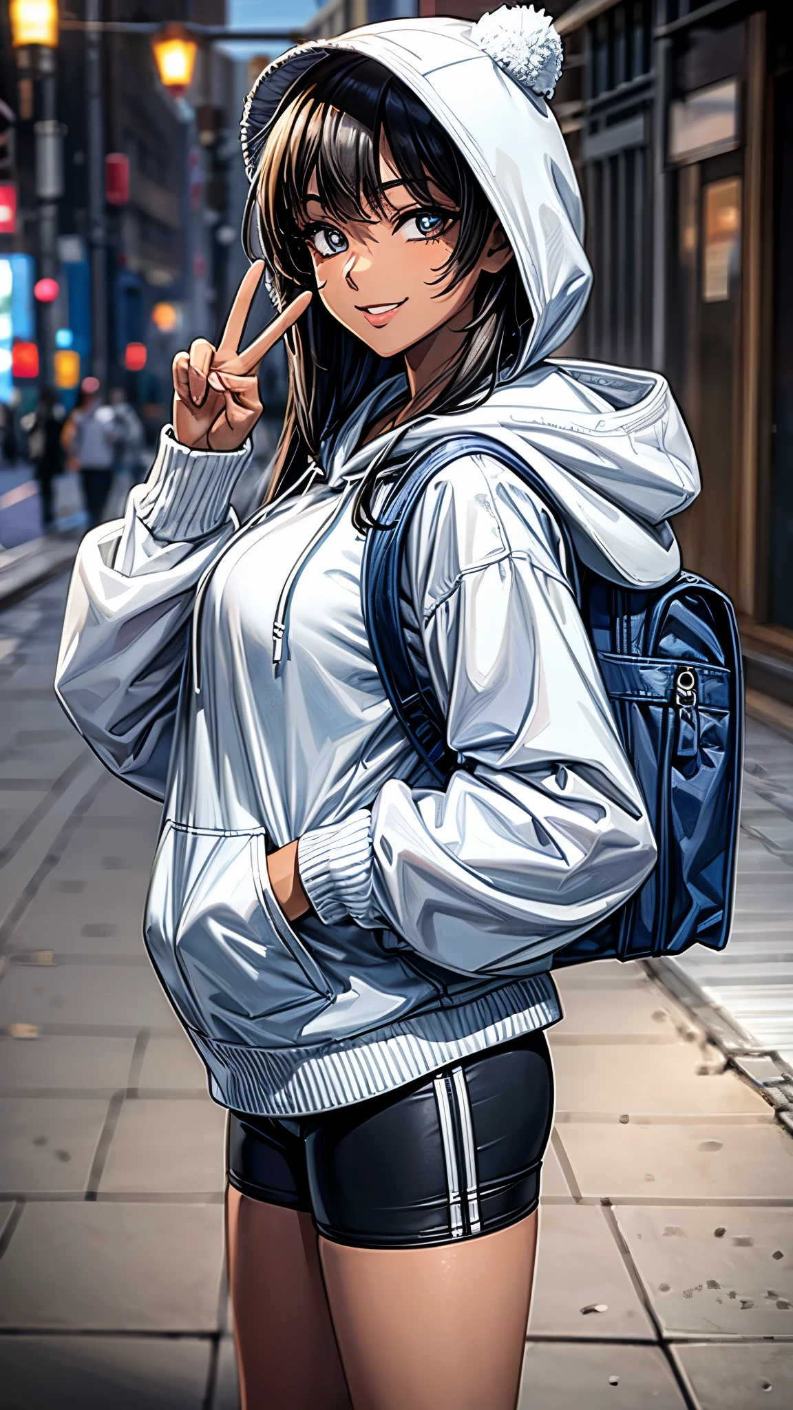 ((Scene of Happiness)),((2.0look away),((face close up)),beautiful detailed eyes, beautiful detailed lips, extremely detailed eyes and face, longeyelashes, 1 Japanese girl, inside the park,((dark skin color2.0)), (very short black hair),((jolly smile)),((peace sign)),casual ((white Parka/hoodie)),(Five quarter spandex leggings),((loose socks2.0,blue sneaker)),rucksack, quality, 4k, 8k, highres, masterpiece:1.2, ultra-detailed, realistic, photorealistic, photo-realistic:1.37, HDR, UHD, studio lighting, ultra-fine painting, sharp focus, physically-based rendering, extreme detail description, professional, vivid colors, bokeh, portraits