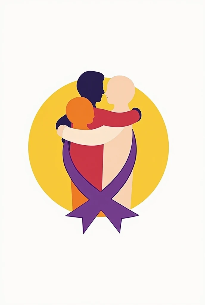 Draw a logo where there is a purple ribbon in the shape of a heart and inside there are 3 people hugging and all this on a yellow background people draw easy 