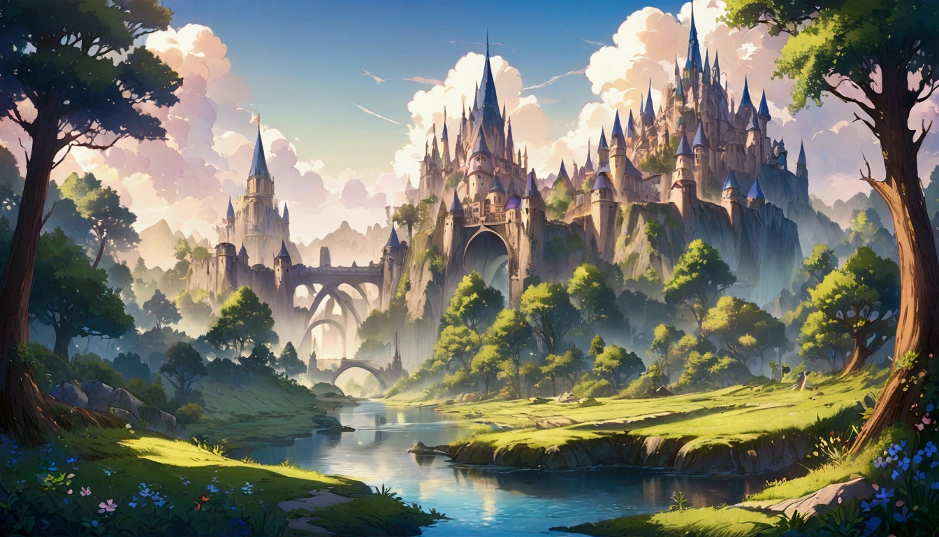 masterpiece, best quality, number, illustration, Anime style background, landscape, a castle in the middle of a forest, fantasy art, fantasy scenic, fantasy art landscape, fantasy castle, fantasy art style, fantasy landscape, impressive fantasy landscape, magical landscape, river