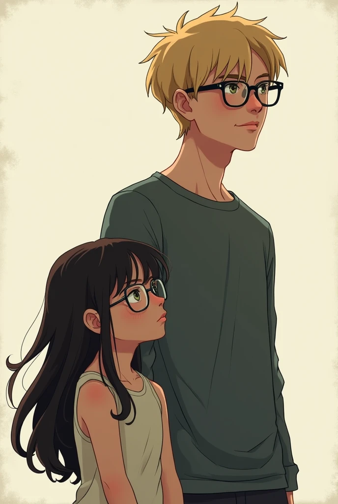 girl with long length hair with glasses, and have a sulking face, and boy have blonde hair with glasses and have 6'2 height