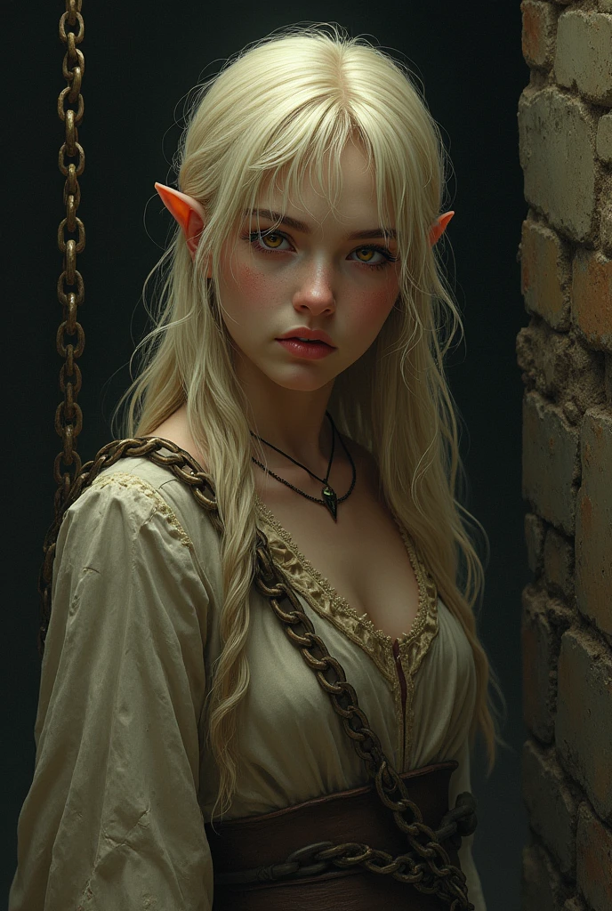 Chained golden white haired girl with honey colored eyes in dirty medieval clothes in a cell