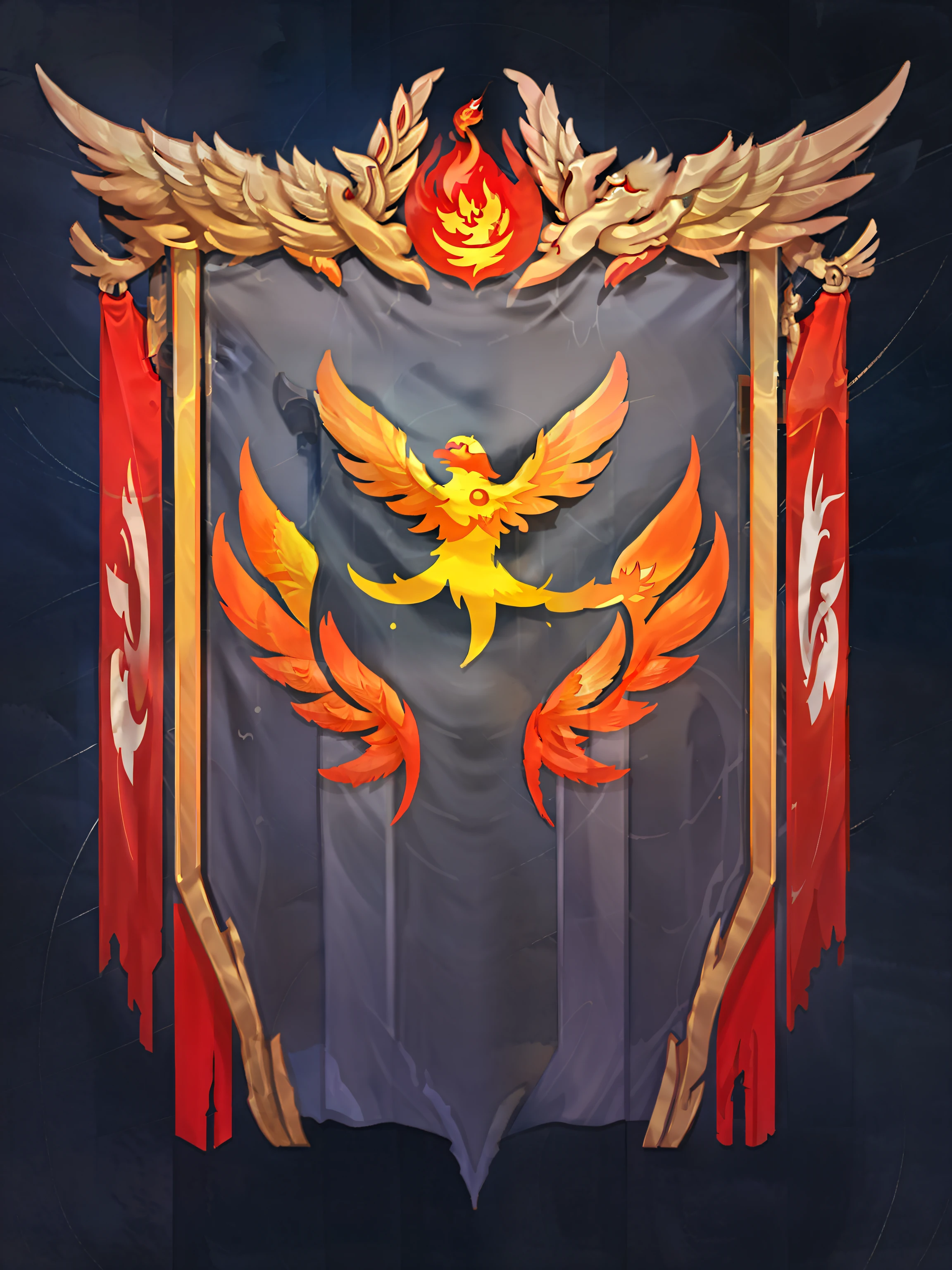 (work of art, best qualityer, absurderes, 8K resolution), ultra find details, hyper details, texture, cinematic lighting, glory, Victory, Phoenix, red flame, Red Gem, Red flag, fundo cinza, create a victory banner flag for those belonging to the Phoenix Fire Bird Faction. The flame is alive and visible, the embers and beauty of the phoenix radiate on the flag.