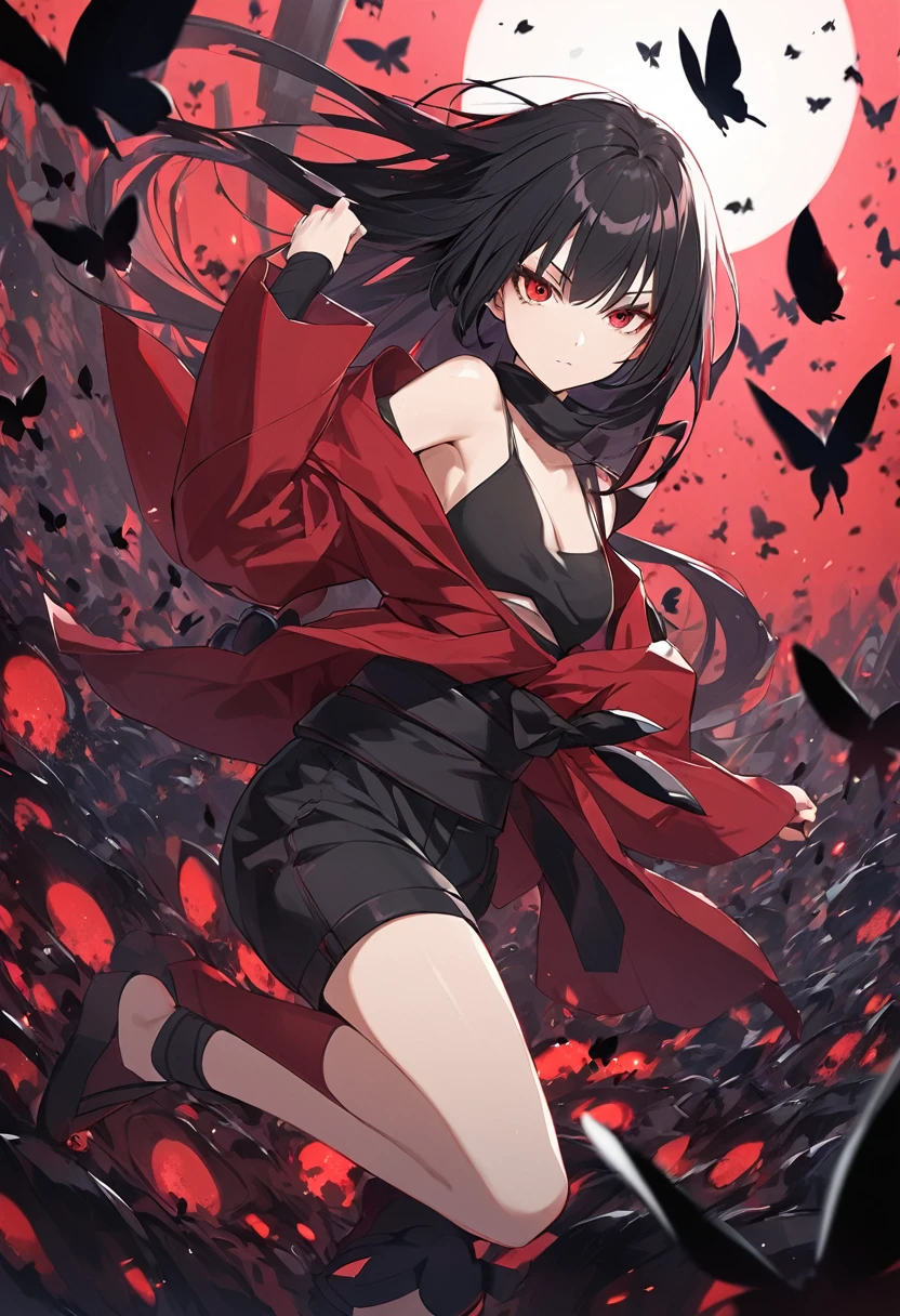 1girl,ninja, long hair, black hair, (red eyes), sharingan, red jacket, short shorts, bare shoulders, Uchiha,dark world, black butterflies, swarm of black butterflies