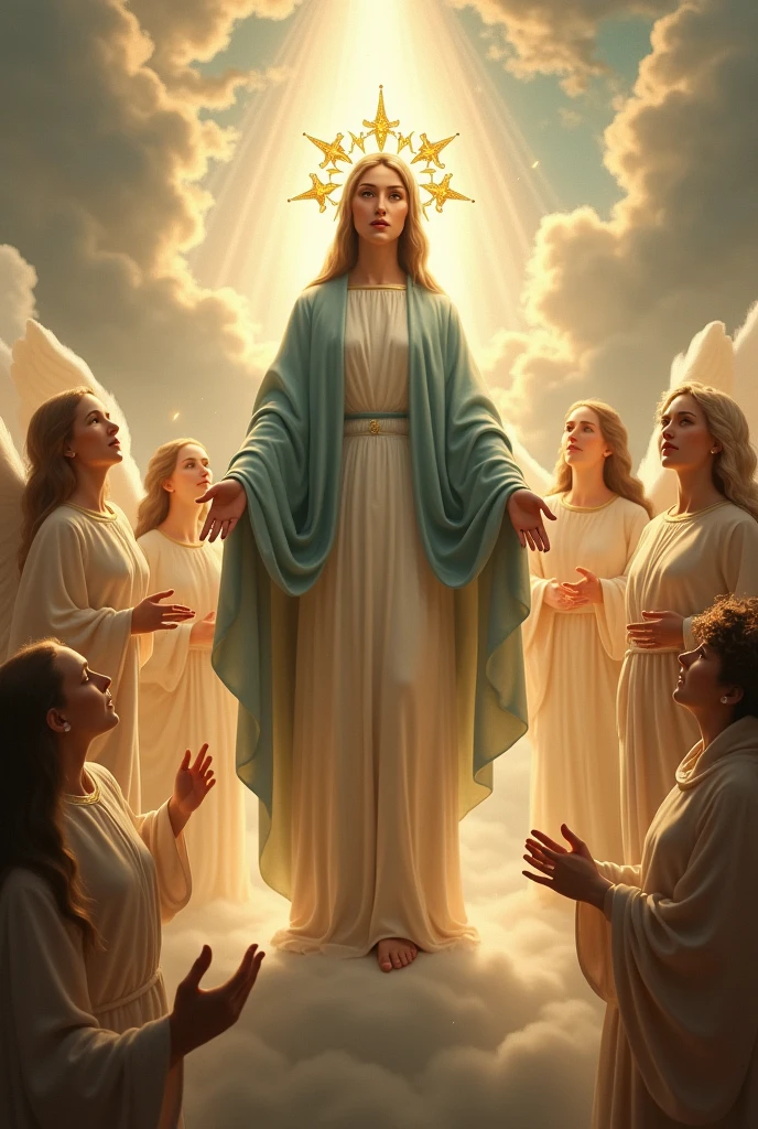 Virgin Mary with a crown with 12 stars on her head surrounded by angels in heaven