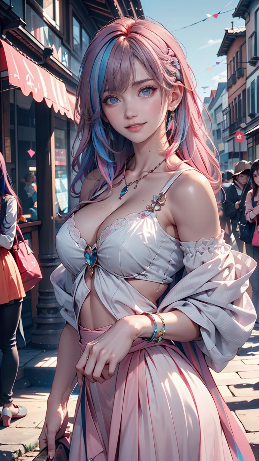 (masterpiece), (((Highest quality)), (Very detailed), 1 person, (Rainbow Hair, Colorful Hair, Half Blue、Half pink hair: 1.2), , (yukina: 1.2), Outdoor, bangs, smile, Sky blue eyes, Perfect hands, Perfect hands, Hand Detail, Modified fingers. Earrings, Night Store + background, Looking_in_Audience, Cowboy Shot, Highest quality, Rich details, Perfect image quality,