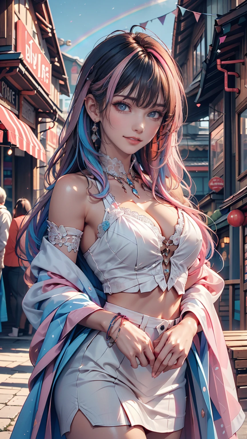 (masterpiece), (((Highest quality)), (Very detailed), 1 person, (Rainbow Hair, Colorful Hair, Half Blue、Half pink hair: 1.2), , (yukina: 1.2), Outdoor, bangs, smile, Sky blue eyes, Perfect hands, Perfect hands, Hand Detail, Modified fingers. Earrings, Night Store + background, Looking_in_Audience, Cowboy Shot, Highest quality, Rich details, Perfect image quality,