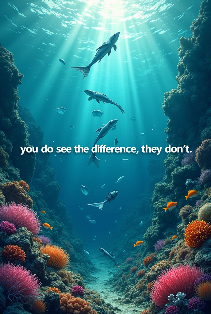 Environmental awareness poster about plastic in the sea and damage to marine fauna and flora, with a text that says the following: "You do see the difference, They don&#39;t."